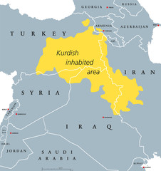 Fototapeta premium Kurdish-inhabited area political map. Kurdish lands, also Kurdistan. Cultural region wherein Kurdish people form a prominent majority. Parts of Turkey, Syria, Iraq, Iran and Armenia. English labeling.
