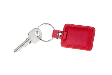 key with red Leather keychain isolated on white