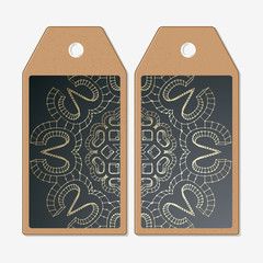 Tags design on both sides, cardboard sale labels. Polygonal backdrop with golden connecting dots and lines, connection structure. Digital scientific background