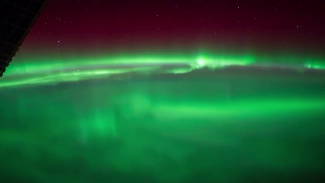 ISS view of Aurora Borealis over the Great Lakes and Canada. Created from Public Domain images, courtesy of NASA JSC : http://eol.jsc.nasa.gov. Flare and subtle motion effect