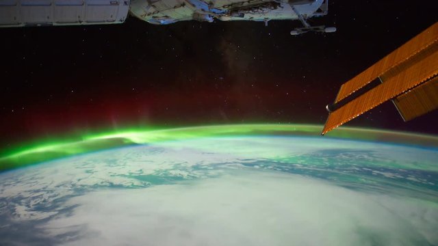 ISS view of Aurora Australis over the Indian Ocean. Created from Public Domain images, courtesy of NASA JSC : http://eol.jsc.nasa.gov. Flare and subtle motion effect