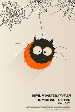 Devil spider poster card design ready, Invitation to Helluin, Halloween. Vector graphics. Sleek design.