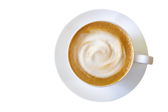 Top view of hot coffee cappuccino cup with milk foam isolated on white background, clipping path included.