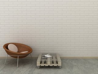 Modern interior minimalistic space with arm chair and pallet table. 3d render