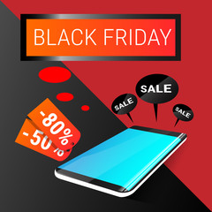 Cell Smart Phone Big Holiday Sale Black Friday Online Shopping Flat Vector Illustration