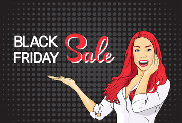 Happy Girl Big Sale Black Friday Shopping Banner Flat Vector Illustration