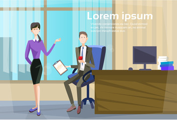 Businessman Sitting Office Desk Businesswoman Give Paper Secretary Apply Job Interview Candidate Flat Vector Illlustration