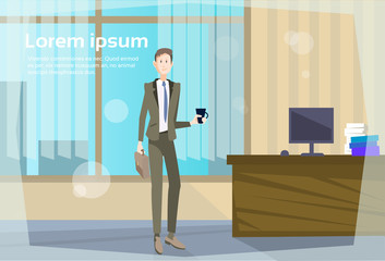 Business Man Office Workplace, Businessman Hold Cup Coffee Break Flat Vector Illustration