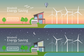 Modern Houses with alternative Eco Green Energy, sunset and night, flat web banners set. Wind Turbines. Vector illustration