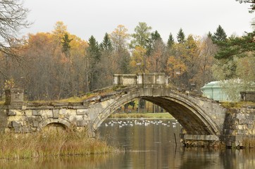 Fototapeta na wymiar Ancient bridge on the lake.