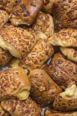 Freshly baked goods in organic bakery closeup