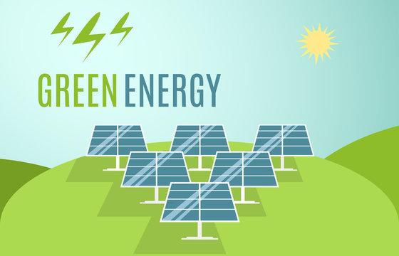 Blue Solar Panels banner. Modern Alternative Eco Green Energy. Vector illustration.