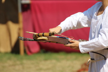 medieval wooden crossbow in exibition