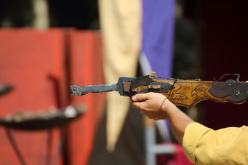 medieval wooden crossbow in exibition