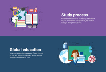 Study Process, Global School University Education Web Banner Flat Vector Illustration