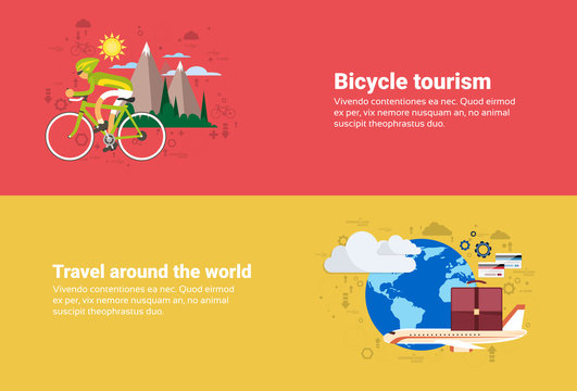 Bicycle Travel Mountain Tourism, Around World Travel Web Banner Flat Vector Illustration