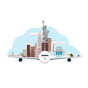 Travel to USA, New York Poster skyline. Statue of Liberty. Vector illustration.