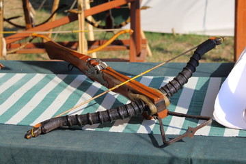 medieval wooden crossbow in exibition