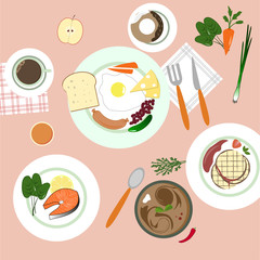 food in flat illustration style. Top view