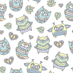 Naklejka premium vector seamless pattern of cute ornamental owls, texture for fabric or paper print, souvenirs or babys products