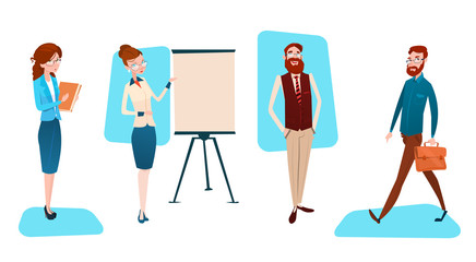 Business People Group Presentation Flip Chart, Businesspeople Team Training Conference Meeting Flat Vector Illustration