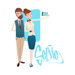 Business People Couple Man Woman Taking Selfie Photo On Smart Phone Flat Vector Illustration