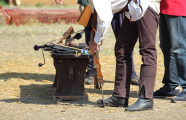 medieval wooden crossbow in exibition