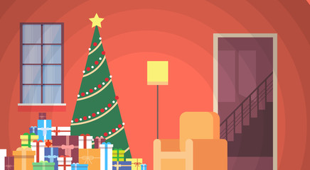 Fototapeta premium Christmas Green Tree With Gift Box Interior Room Decoration Happy New Year Flat Vector Illustration