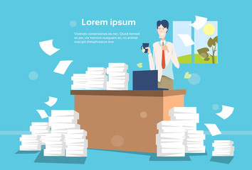 Business Man Office Interior Desk Stacked Paper Document Paperwork Flat Vector Illustration