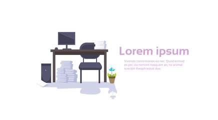 Modern Office Interior Workplace Empty Chair Desk Stacked Paper Document Lot Paperwork Flat Vector Illustration