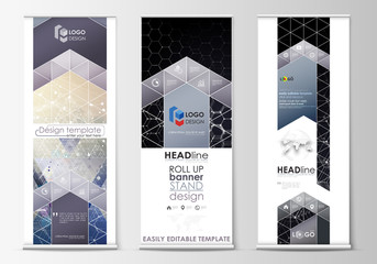 Roll up banner stands, abstract geometric style templates, corporate vertical vector flyers, flag layouts. Chemistry pattern, hexagonal molecule structure. Medicine, science, technology concept