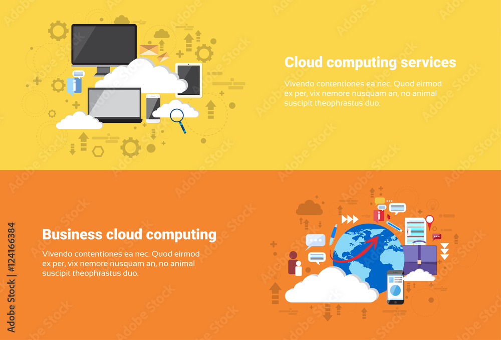 Wall mural business cloud computing database services web technology banner flat vector illustration