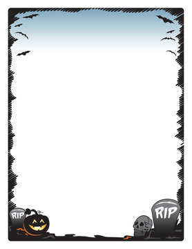 Halloween frame border page with pumpkin skull and tombstones