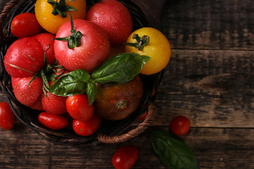 Colorful tomatoes, red tomatoes, yellow tomatoes, orange tomatoes, green tomatoes. Tomatoes background. vintage wooden background