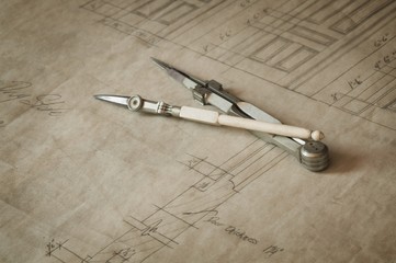 Antique Drafting Compass And Plans