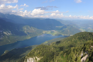 Fototapeta na wymiar Aerial view of Lake Bohinj from Vogel mountain in Slovenian national park Triglav