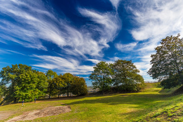 Autumnal trees and dramatic blue polarised sky, Namur, Belgium