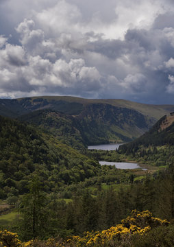 High viewpoint over Glendalough lakes and ancient monastery