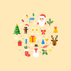 Christmas symbols illustration. Vector card in flat style.