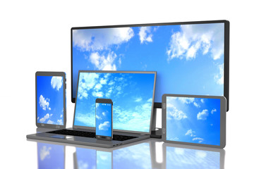 Set of clouds on the screen of computer gadgets (3d illustration