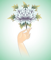 blue flower in hand, illustration of flower sermon of the Buddha made in the style of Tibetan iconography, vector.