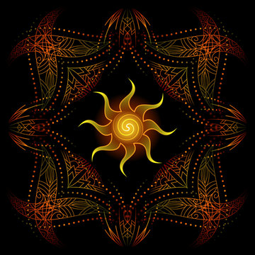 decorative corners, fire psychedelic floral geometric ornamental frame, stylized sun, black background, vector