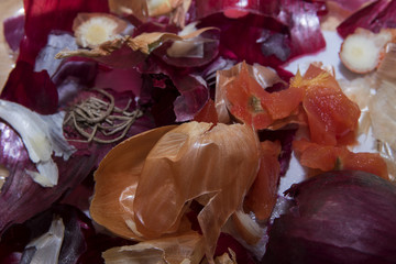 Cooking background, vegetable waste like red and brown onion peel