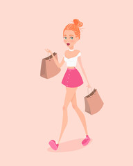 Young hipster girl going down the street with shopping bags. Vector illustration. Design template.