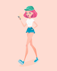 Young hipster girl going down the street, holding smartphone in her hand. Vector illustration. Design template.