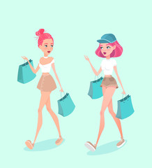 Two young hipster girls going down the street, with shopping bags and talking with each other. Vector illustration.