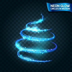 Neon Glow circles in motion blurred edges, magical glow tree, christmas design bright blue color. Abstract glowing ring speed of the effect.