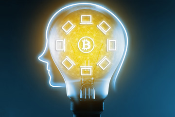 Block chain network concept and bitcoin icons, Light bulb and computer network connect on blue background. Distributed ledger technology. Blockchain concept