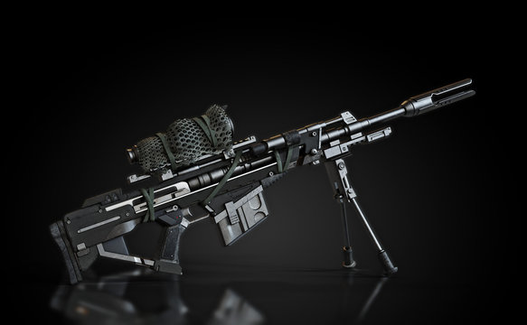 Sniper rifle with bi-pod and camouflaged scope on a black background and reflective floor . 3d rendering