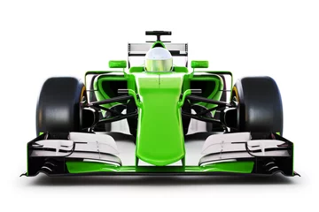 Foto op Canvas Front view of a green race car and driver on a white isolated background. 3d rendering © Digital Storm